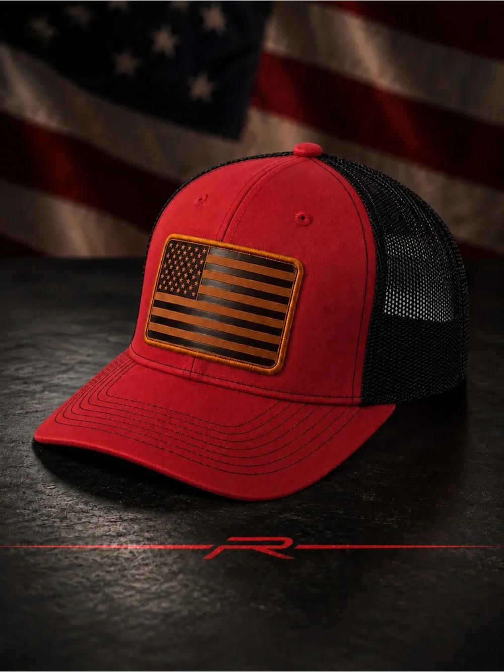 Red / black American Flag Leather Patch Trucker Hat – Breathable Mesh Back Cap